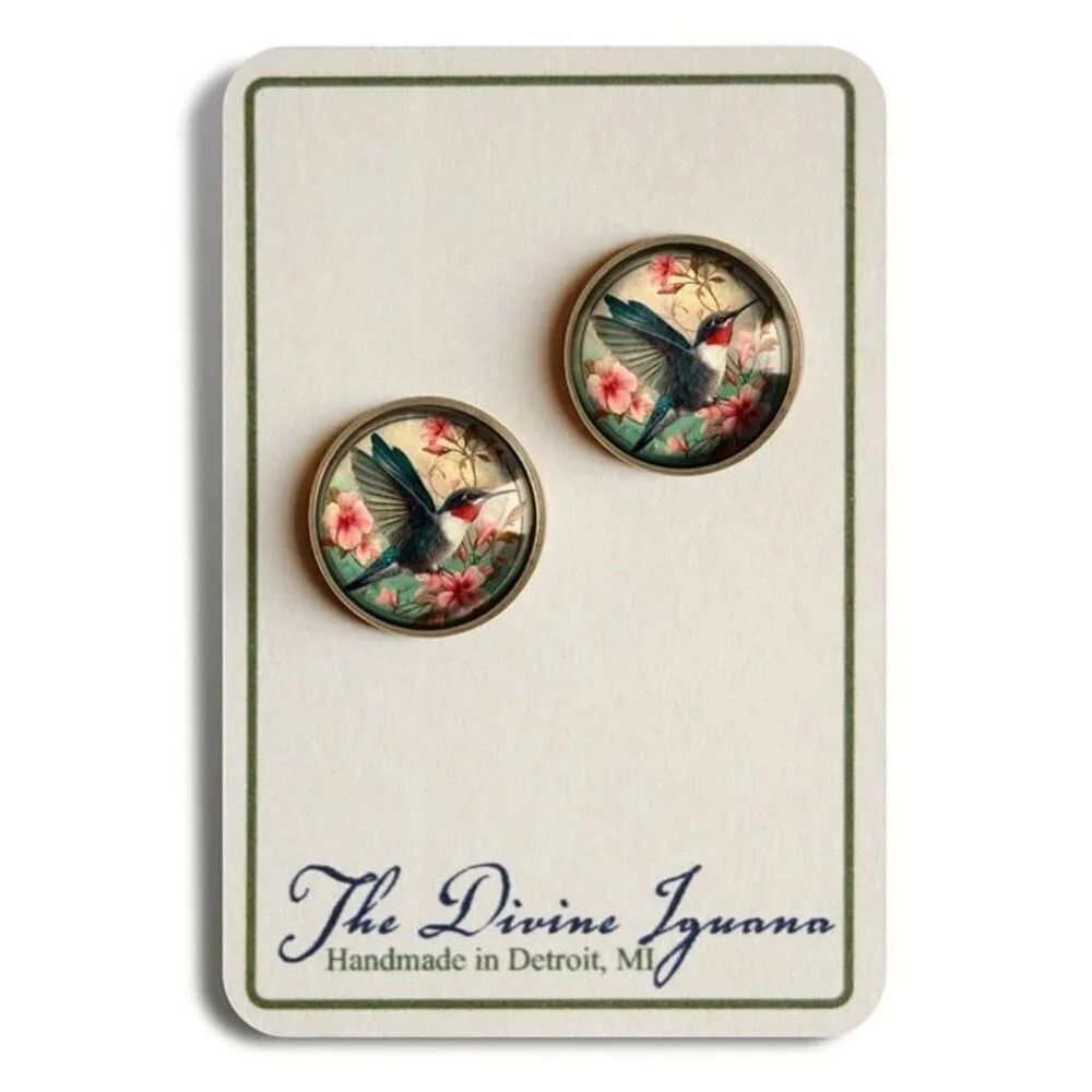 Hummingbird Stud‎ Earrings - Antique Bronze Vintage Art Nouveau Bird Jewelry
